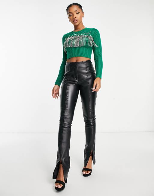 Miss Selfridge embellished diamante fringe knit sweater in green