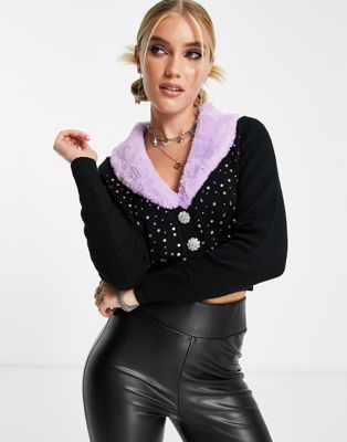 Miss Selfridge embellished faux fur cardigan in black - ASOS Price Checker