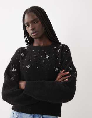Miss Selfridge Embellished Floral Beaded Sweater In Black