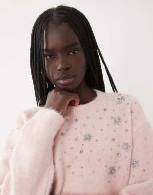 Miss Selfridge Embellished Floral Beaded Sweater In Pink