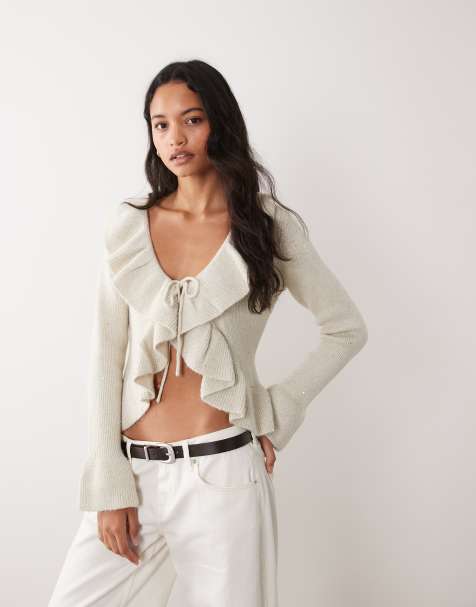 Miss Selfridge embellished frill cardigan with sequin detail in cream - view 1