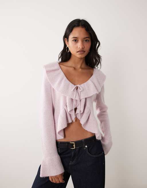 Miss Selfridge embellished frill cardigan with sequin detail in pink, 4 of 4