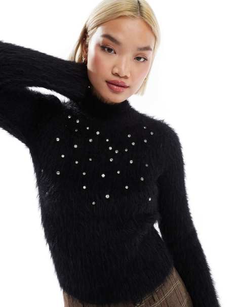 Miss Selfridge embellished lash funnel neck long sleeve jumper in black - view 1