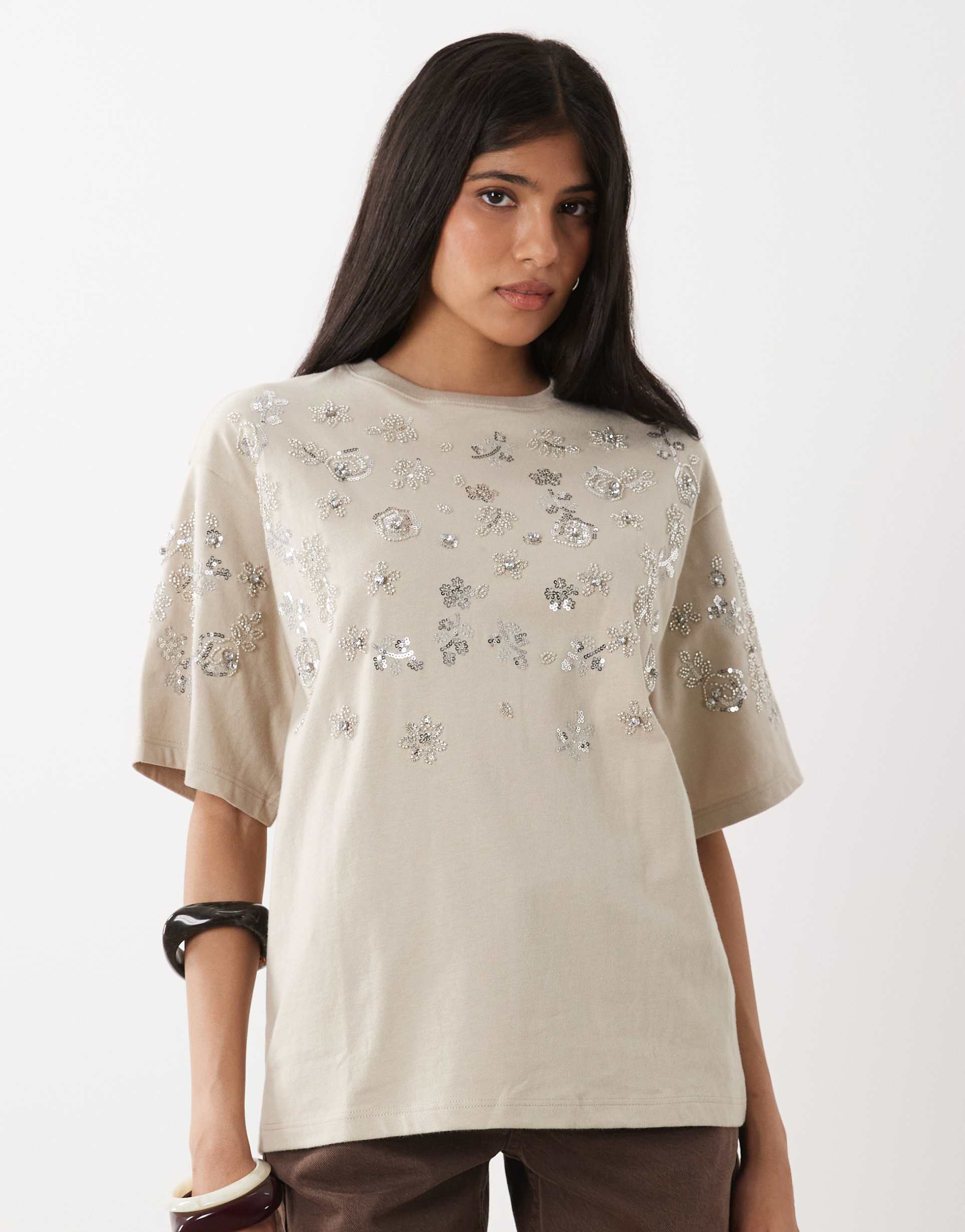 miss selfridge embellished oversized tee in stone