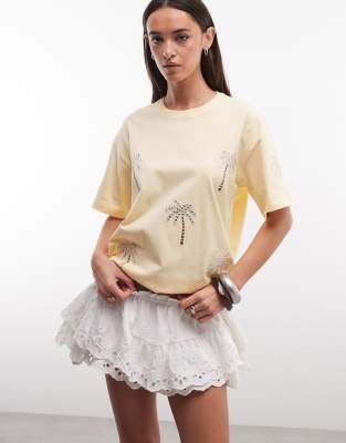 Miss Selfridge embellished palm tree oversized tee in pale yellow
