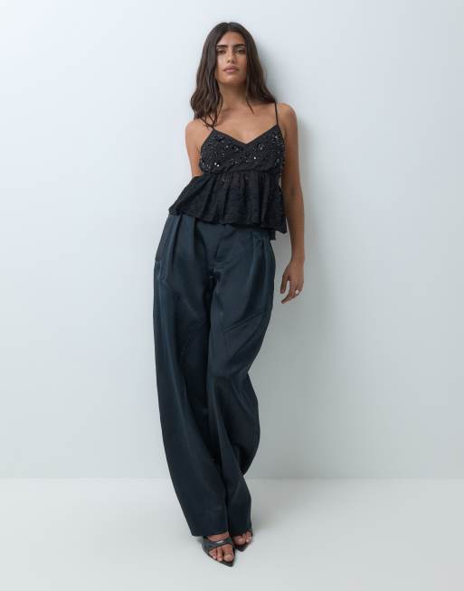 Miss Selfridge embellished peplum top in black, 2 of 5
