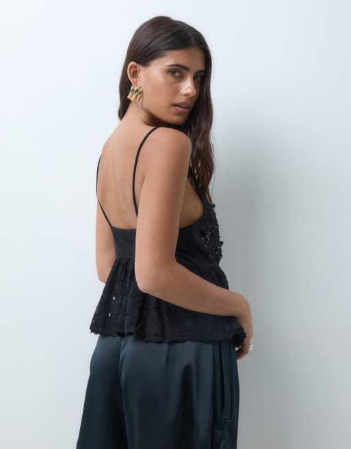 Miss Selfridge embellished peplum top in black, 3 of 5