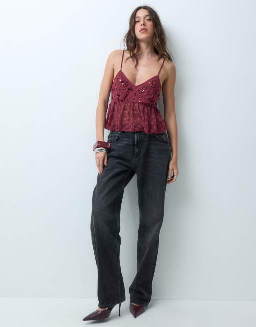 Miss Selfridge embellished peplum top in fig, 2 of 5