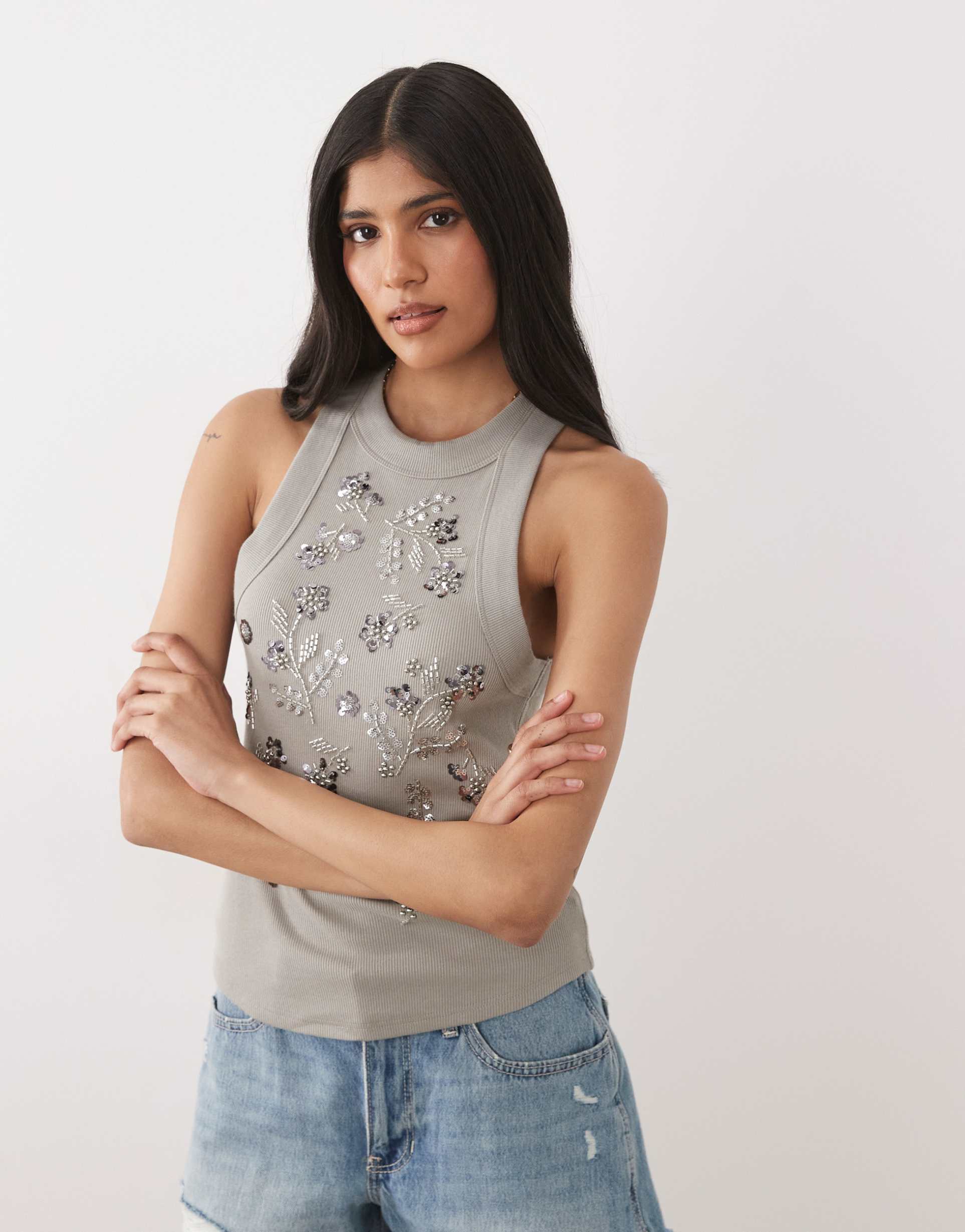 miss selfridge embellished racer neck tank top in sage