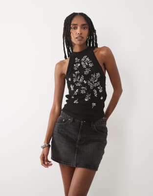Miss Selfridge Embellished Racer Vest Top In Black