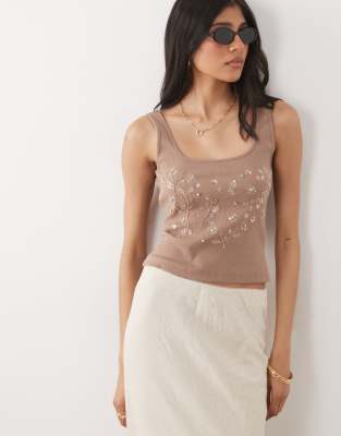 Miss Selfridge Embellished Rib Knit Square Neck Top In Brown