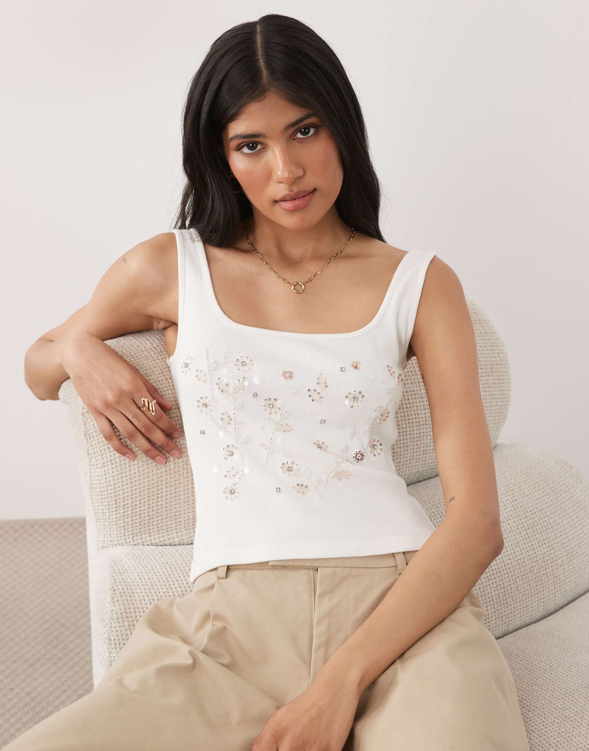 miss selfridge embellished rib knit square neck top in cream
