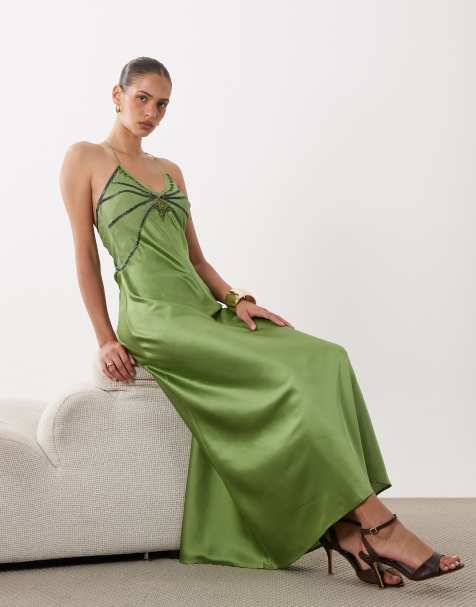 Miss Selfridge embellished satin halter midi dress in green - view 1