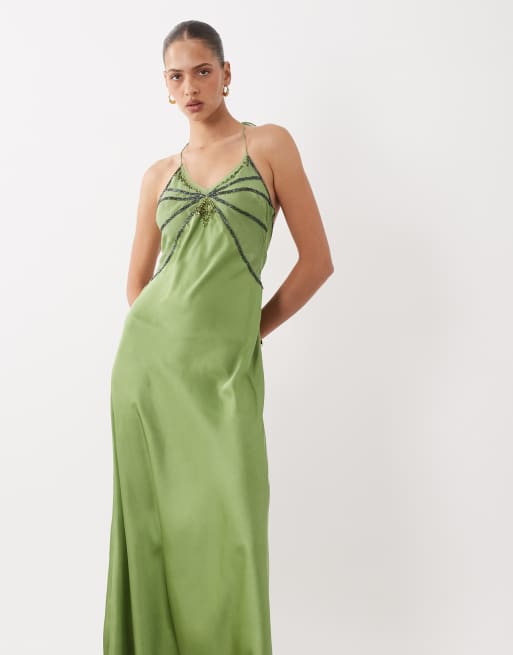 Miss Selfridge embellished satin halter midi dress in green, 2 of 4
