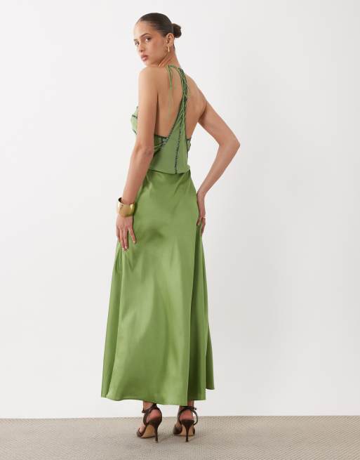 Miss Selfridge embellished satin halter midi dress in green, 4 of 4