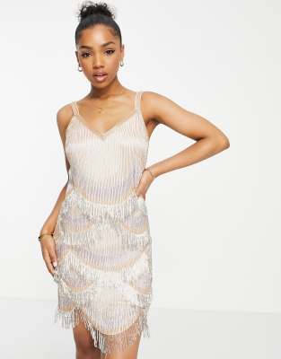 Miss Selfridge Premium embellished scallop fringe detail mini dress in gold