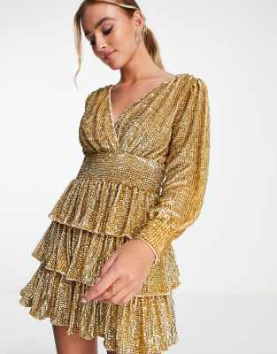 Miss Selfridge Embellished Sequin Tiered Mini Dress With Long Sleeve In Gold