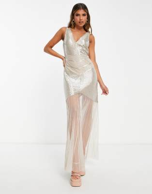 Miss Selfridge embellished sheer bottom maxi dress in blush-Neutral