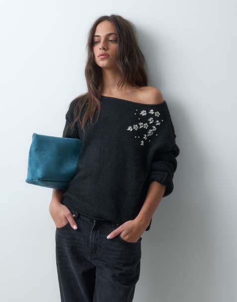 Miss Selfridge embellished slouchy jumper in black - view 1