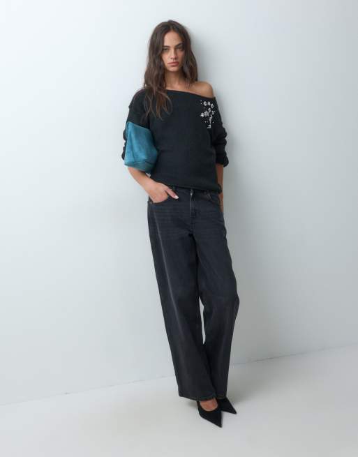 Miss Selfridge embellished slouchy jumper in black , 3 of 5