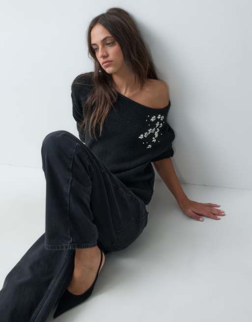 Miss Selfridge embellished slouchy sweater in black, 2 of 5