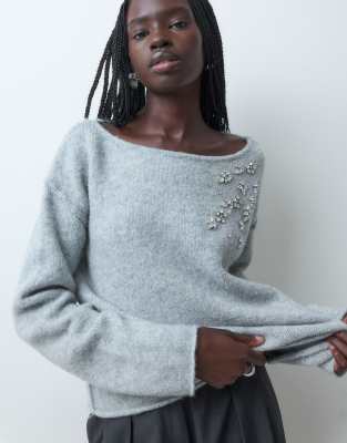 Miss Selfridge Embellished Slouchy Sweater In Gray