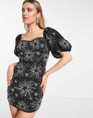 Miss Selfridge Embellished Star Puff Sleeve Mini Dress With Tie Back Detail In Black