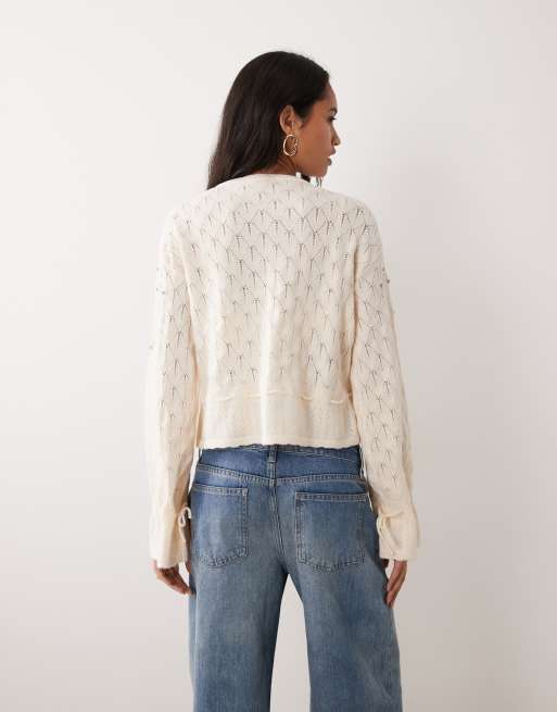Miss Selfridge embellished tie front cardigan in cream, 2 of 4