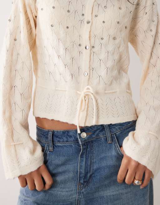 Miss Selfridge embellished tie front cardigan in cream, 3 of 4
