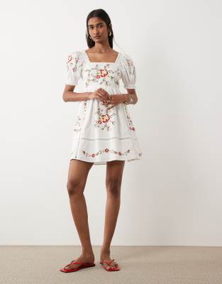 Miss Selfridge embroidered baby doll mini dress in white