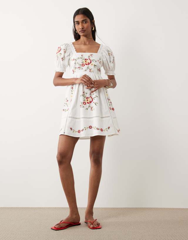 Miss Selfridge embroidered baby doll mini dress in white | ASOS