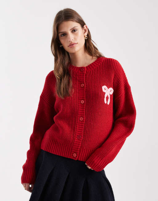 Miss Selfridge embroidered bow detail cardigan in red, 3 of 4