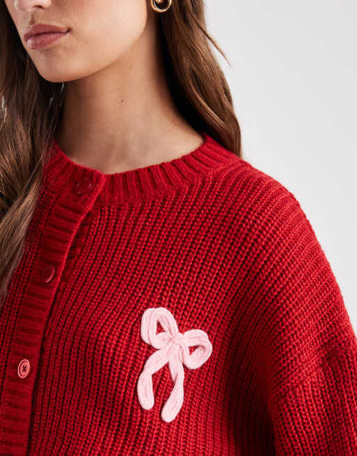 Miss Selfridge embroidered bow detail cardigan in red, 4 of 4