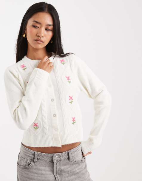 Miss Selfridge embroidered cable knit cardigan in cream - view 1