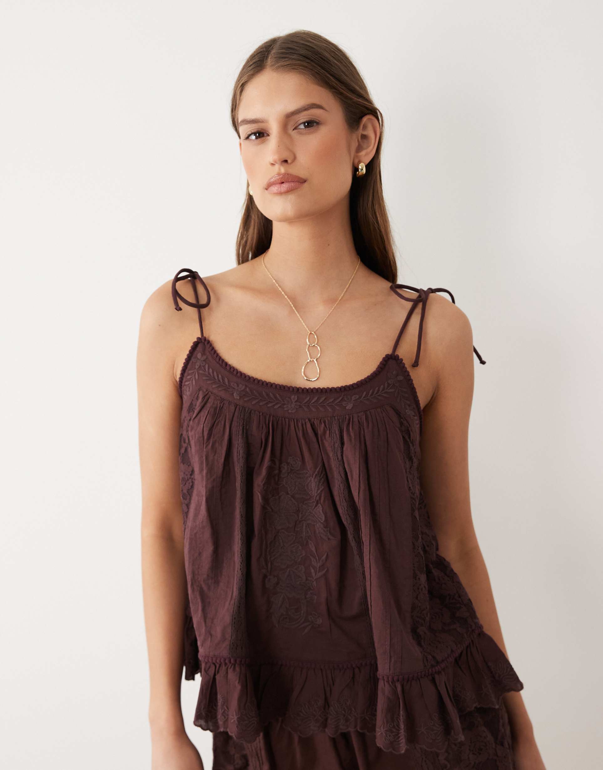 miss selfridge embroidered cami top in chocolate