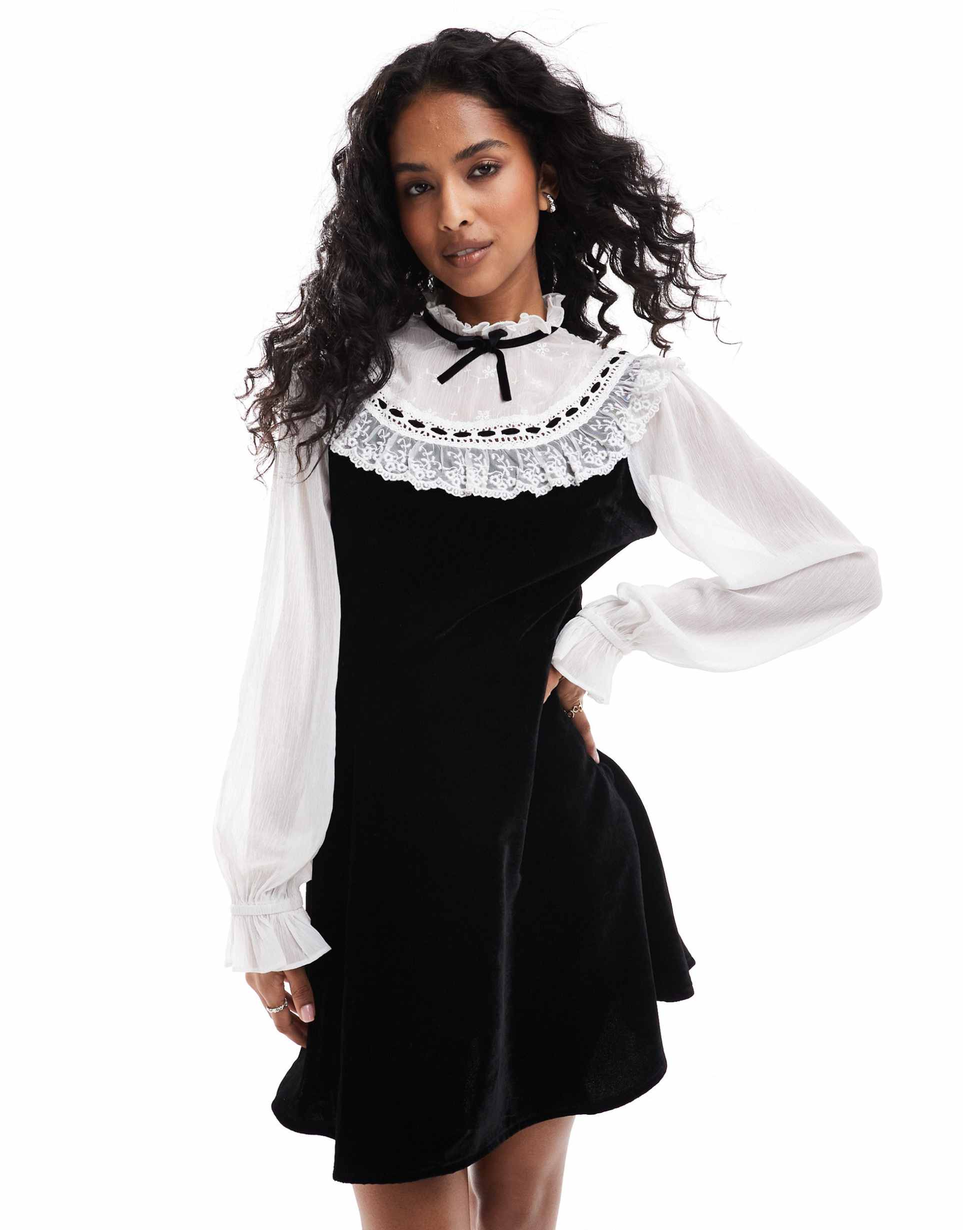 miss selfridge embroidered chiffon and velvet mini dress in black and white