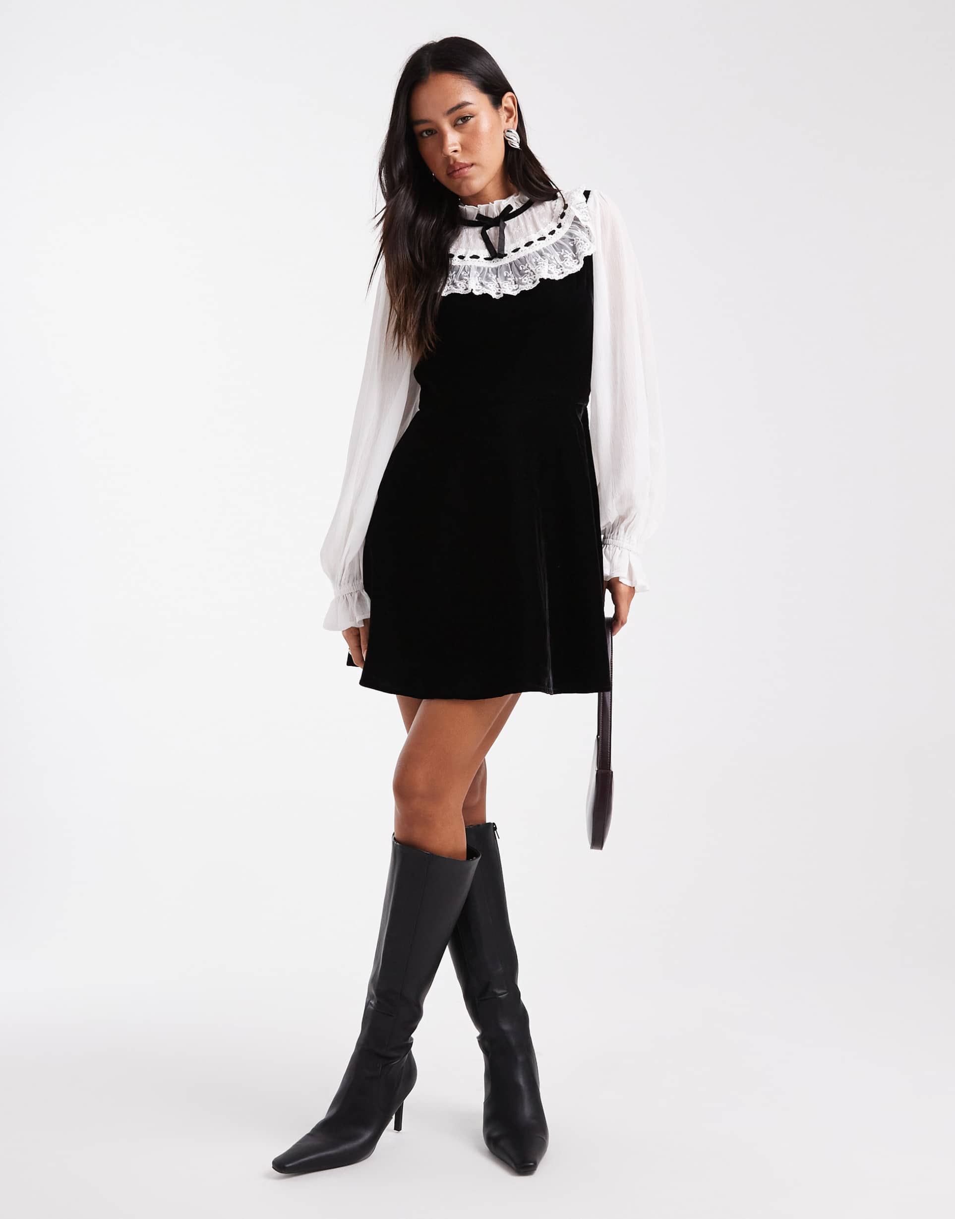 miss selfridge embroidered chiffon and velvet mini dress in black and white