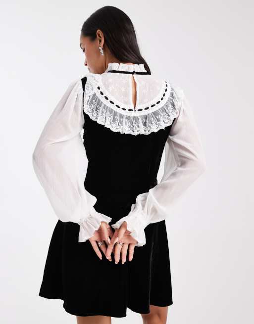 Miss Selfridge embroidered chiffon and velvet mini dress in black and white