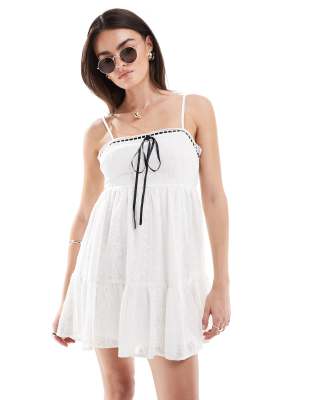 Miss Selfridge Embroidered Chiffon Bow Detail Mini Slip Dress In Ivory-white