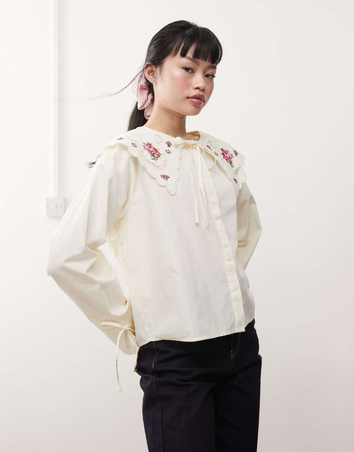 Miss Selfridge embroidered collar shirt in ivory
