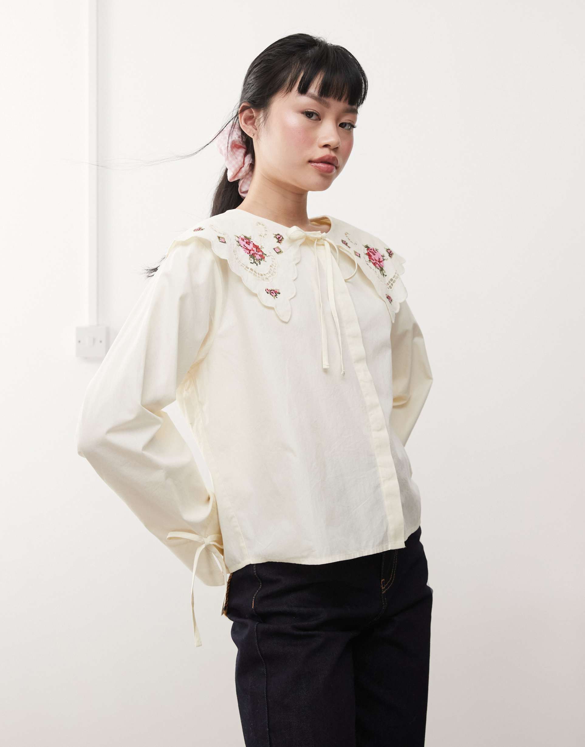 miss selfridge embroidered collar shirt in ivory