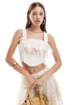 [Miss Selfridge] Miss Selfridge embroidered corset bow top in cream-White 14 Cream