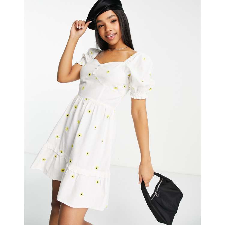 Miss Selfridge embroidered cotton flax fit and flare mini dress in