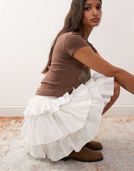 Miss Selfridge embroidered cotton ruffle mini skirt in white | ASOS