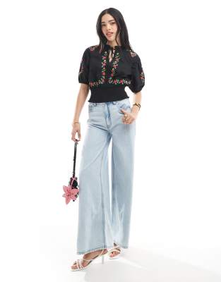 Miss Selfridge Embroidered Crop Top In Black