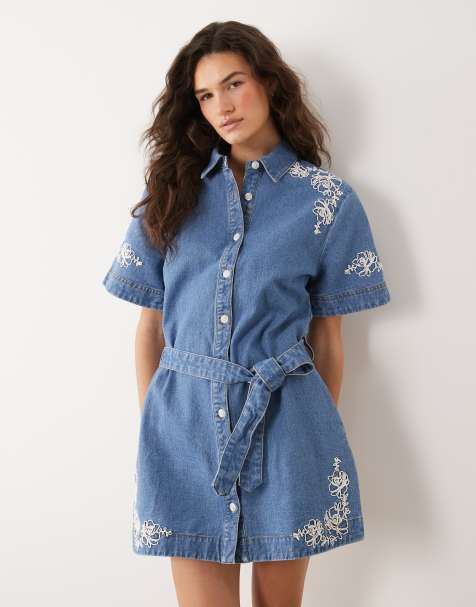 Miss Selfridge embroidered denim dress with belt in blue wash - view 1