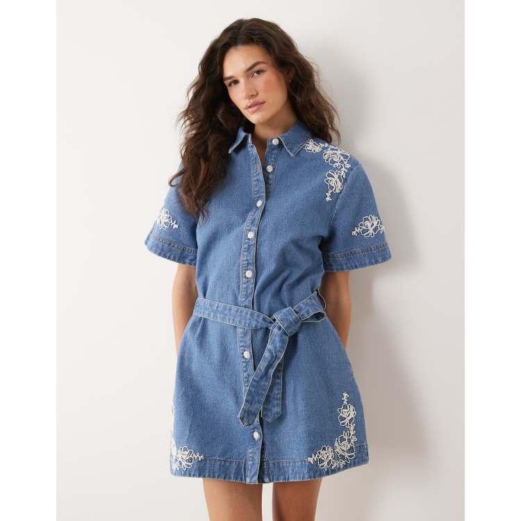 white christmas dresses Embroidered Floral Denim Dress
