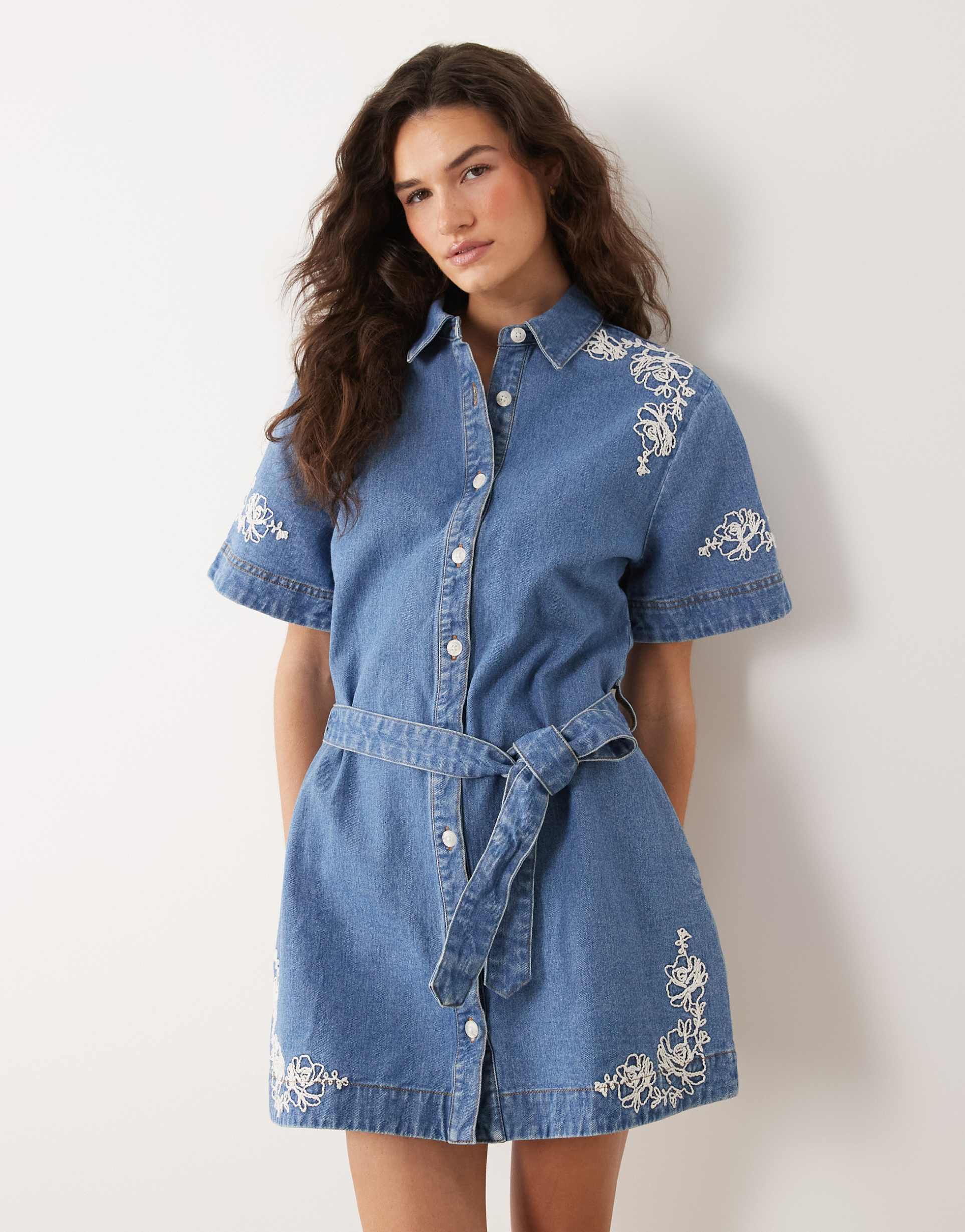 miss selfridge embroidered denim dress with belt in blue wash