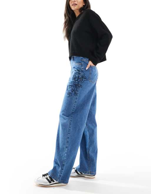 Miss Selfridge embroidered floral baggy jean in blue wash, 3 of 5