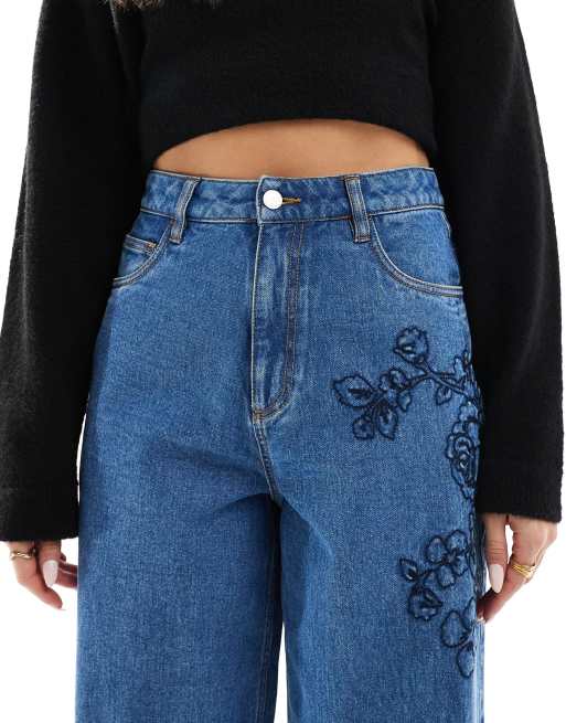 Miss Selfridge embroidered floral baggy jean in blue wash